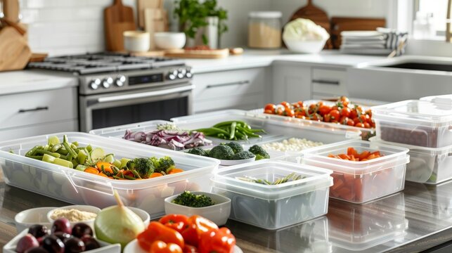 Cut fruit and vegetable into glass containers, Many lunchboxes with different delicious food, Healthy meal prep for a week of workouts. Generative ai