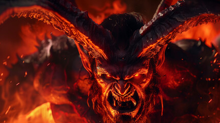 scary satan evil monster , glowing fire eye , hell in background - obrazy, fototapety, plakaty