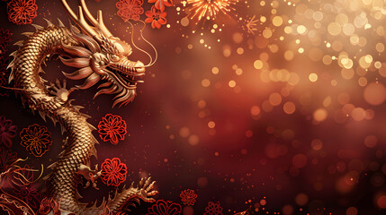 Opulent gold and crimson-themed background captures the grandeur of Chinese New Year celebrations, featuring ornate dragon motifs, auspicious symbols, and cascading fireworks