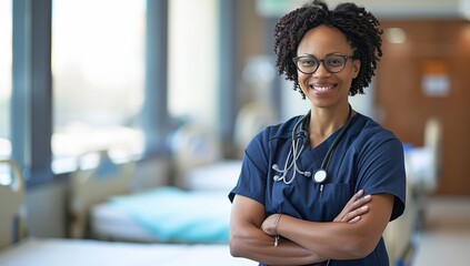 A nurse is standing in a hospital room wearing glasses and electric blue scrubs, with her arms crossed and a smile on her face - obrazy, fototapety, plakaty
