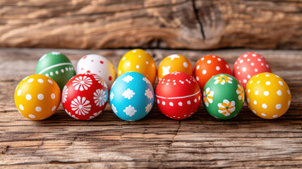 Obraz na płótnie Canvas Multi-colored Easter eggs on a rustic wooden background.