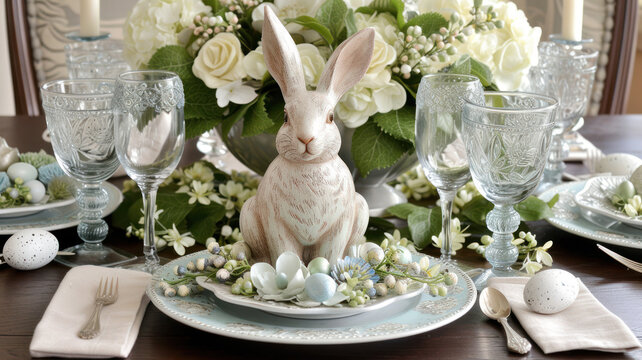 Easter home decor. Porcelain figurine of an Easter bunny, painted eggs and spring flowers.	