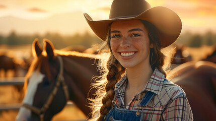 A woman wearing a cowboy hat and a plaid shirt is smiling at the camera. She is standing next to a horse. Young smiling 1900s cowboy woman with a light brown cowboy hat and plaid shirt and blue pant - obrazy, fototapety, plakaty