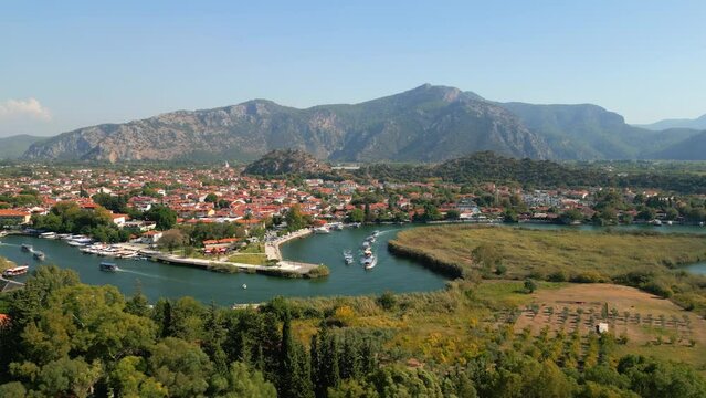 Dalyan River Drone Video, Aegean Sea Ortaca, Mugla Turkey. High quality 4k footage
