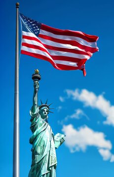 vertical slow motion video of American Flag waving High Next to the Statue of Liberty Against a Blue Sky
