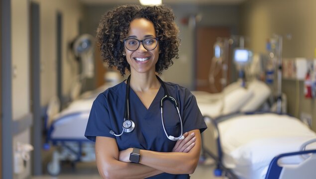 A nurse in glasses is standing in a hospital room with her arms crossed and a smile on her face, providing vision care in the building