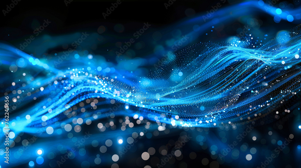 Poster abstract blue data flow light streak over a black background. communication technology and data traf