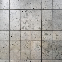 A close-up of square concrete tiles with various stains and imperfections.