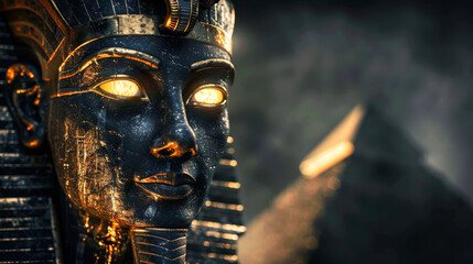 Dark stone statue with glowing eyes, representing an Egyptian god or pharoah - obrazy, fototapety, plakaty