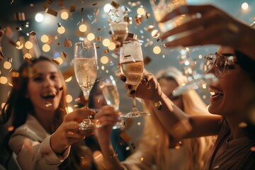 The group of people at the event are smiling and toasting with champagne glasses, sharing a gesture of fun and celebration