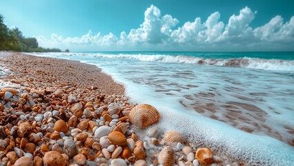 Muscheln und Steine am Strand mit Meer als Hintergrundmotiv für Wellness, ai generativ - obrazy, fototapety, plakaty