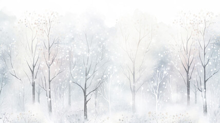 winter, light white background snowfall in the forest with a copy  space, trees covered with snowflakes, flat graphics, empty blank greeting card, watercolor design - obrazy, fototapety, plakaty