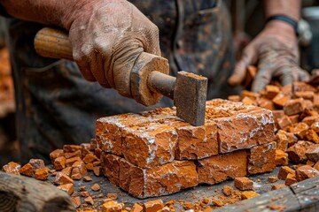 Person Using Hammer on Bricks