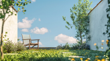 A chair stands in the sunny spring garden yard, with green grass and a small tree on one side of a white wall - 762241016