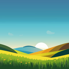Beautiful summer green fields landscape blue sky on background  vector illustration  10 eps