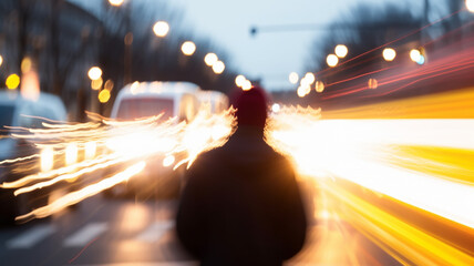 traffic in the city, the silhouette of a man against the background of blurred traffic tracks, headlights, night urban life,  motion blur abstract background - obrazy, fototapety, plakaty