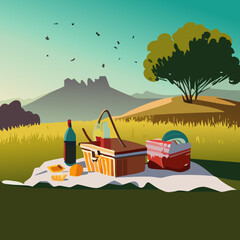 summer picnic in tablecloth with basket food, fruits in outdoor landscape  vector illustration 10 eps