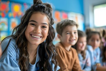 Excited children learning in a classroom with a female teacher. Concept Children's Education, Classroom Learning, Female Teacher, Excited Students, Educational Environment