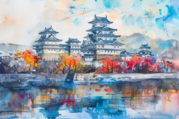 A breathtaking watercolor rendition of the majestic Himeji Castle, capturing its splendid architecture amidst serene surroundings.