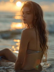 Hübsche junge Frau mit langen fliegenden Haaren und Bikini in der Sonne am Strand, ai generativ