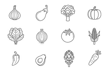 A set of vegetable icons drawn with black lines including garlic, eggplant, broccoli, pumpkin, lettuce, onion, tomato, corn, pepper, avocado, artichoke and carrot. - obrazy, fototapety, plakaty