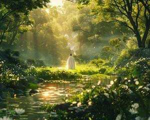 A serene scene unfolds in a tranquil forest clearing A person in flowing robes practices tai chi surrounded by lush greenery and gentle trickling streams Realistic style with soft golden hour lighting - obrazy, fototapety, plakaty