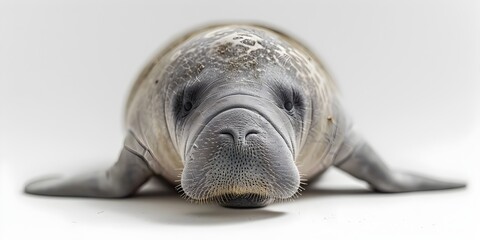 Graceful Manatee with Endearing Expression on Pristine White Background - obrazy, fototapety, plakaty