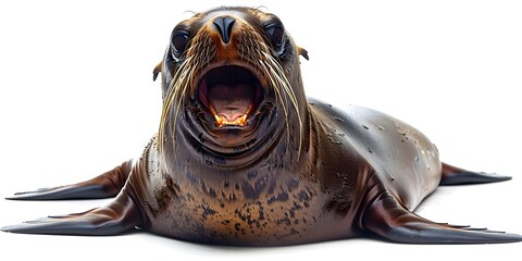 Boisterous Sea Lion with Hearty Laugh Performing as Beach's Comical Entertainer - obrazy, fototapety, plakaty
