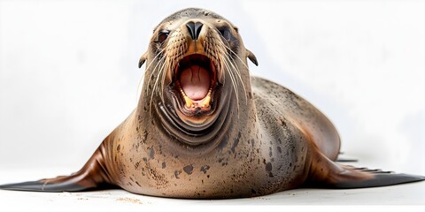 Comical Sea Lion with Hearty Barking Laugh on Isolated White Background - obrazy, fototapety, plakaty