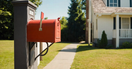 Red letterbox near the house on a concrete pillar