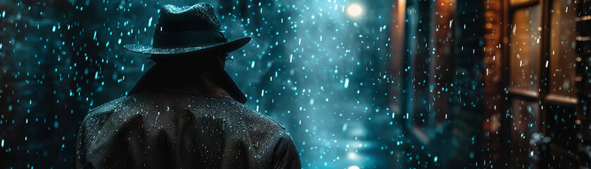 Silent detective, fedora, trench coat, conducting a shady deal in a dimly lit back alley, rain falling softly, realistic, Rembrandt lighting, Vignette effect - obrazy, fototapety, plakaty