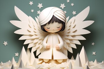 cute little angel in sky paper art illustration