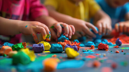 Kid Create Things With Modeling Clay Of Different Colors. Focus View On The Hands. Tactile Experience. Fun And Creativity Of Children
