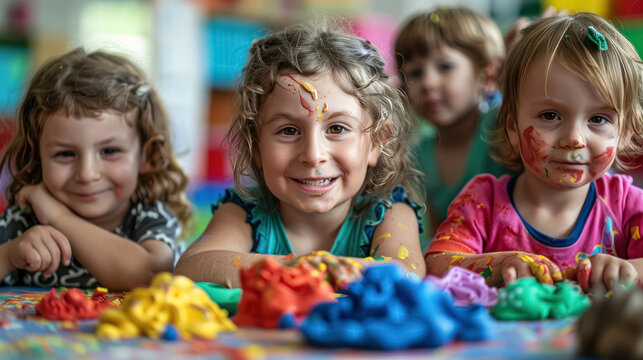 Happy Kids Create Things With Modeling Clay Of Different Colors. Tactile Experience. Fun And Creativity Of Children