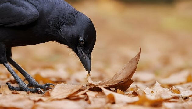 A Crow With Its Beak Picking At A Fallen Leaf