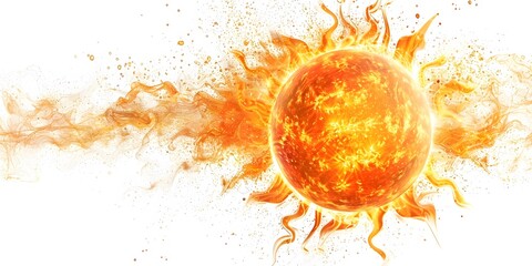 Blazing Solar Orb Radiating Warmth and Dynamic Energy on White Background