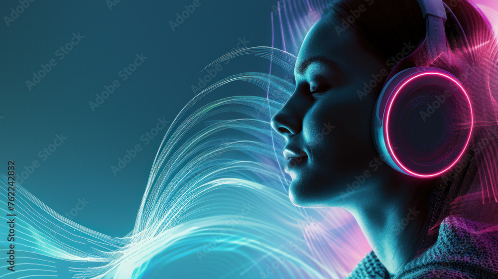 Poster a futuristic representation of a person in profile with neon light waves symbolizing digital data fl