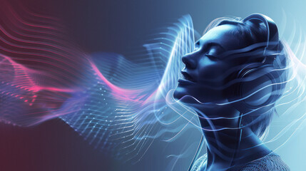 Surreal image of a woman profile surrounded by vibrant neon light waves depicting music or sound...