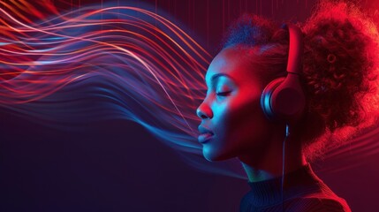 A vibrant image capturing the essence of music and technology with a person immersing in neon...