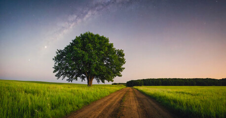 Serene rural landscape at night, with starry sky casting gentle light over peaceful farm field.