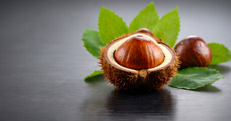 Freshly sliced chestnut, isolated on gray background, showcasing its natural and nutritious qualities.