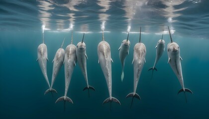 A Pod Of Narwhals With Their Long Spiraled Tusks - obrazy, fototapety, plakaty