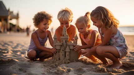 Children Playing in Sand at Beach