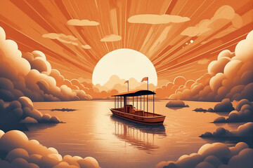 a vintage ship floating on a perfectly still and reflective ocean during a vibrant sunset, with stylized clouds and a large sun in the background creating a warm, peaceful ambiance