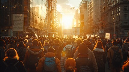 In a bustling city square, a diverse group of activists and leaders gather, standing united in a powerful human rights demonstration captured in a realistic style with golden hour lighting - obrazy, fototapety, plakaty