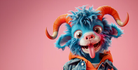 blue orange goat with sunglasses and a tongue sticking out. The goat is smiling and he is a character in a advertisement. young blue goat, orange horns, wearing street wear attire in a pink background - obrazy, fototapety, plakaty