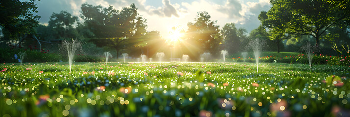 Automatic lawn sprinkler watering green grass,
Vibrant Spring Lawn with Bokeh Effect
 - obrazy, fototapety, plakaty