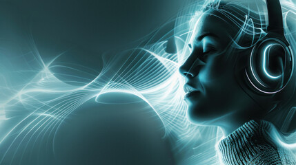 The serene abstract composition with a cool-toned visual representation of sound underscores a calm auditory engagement