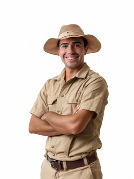 smiling zookeeper man with starw hat cross his arms over hischest , isolated on white