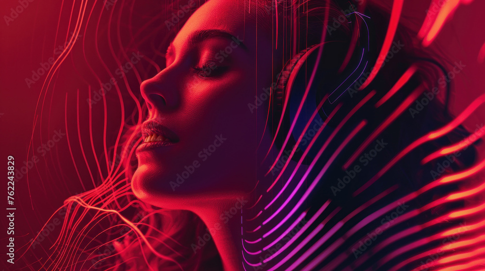 Poster a beautiful abstract scene with vibrant red light curves surrounding a central square shape